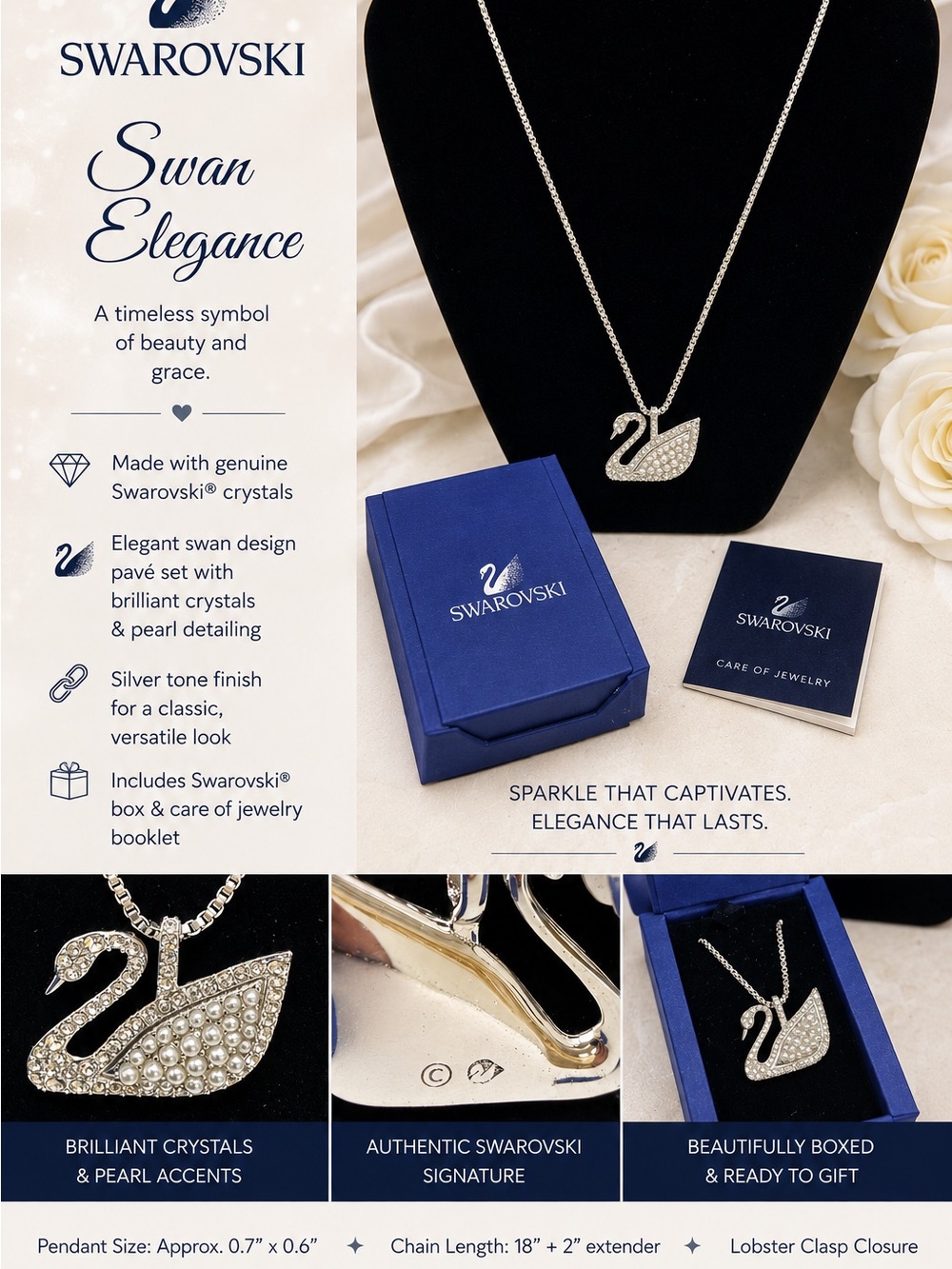 Swarovski Silver Swan Pendant Necklace with Crystals and Pearls